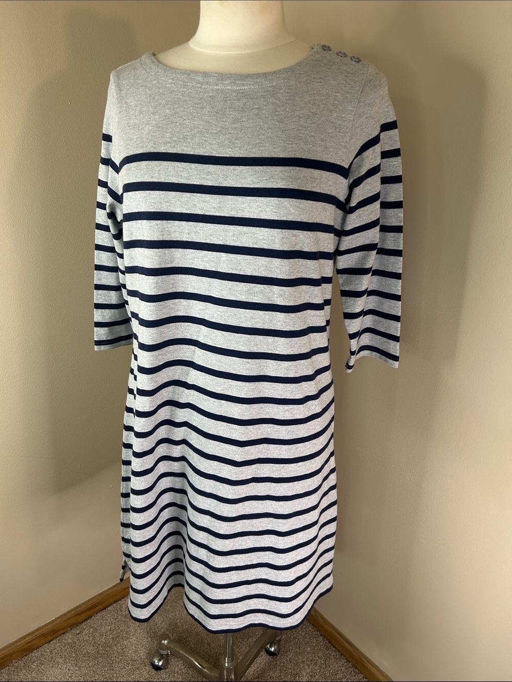 L.L. Bean Navy and Gray Striped Midi Knit Dress